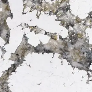 Close-up of white marble with gray and gold veining.