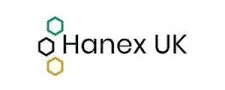 Hanex UK logo with hexagonal icons in teal, black, and gold.