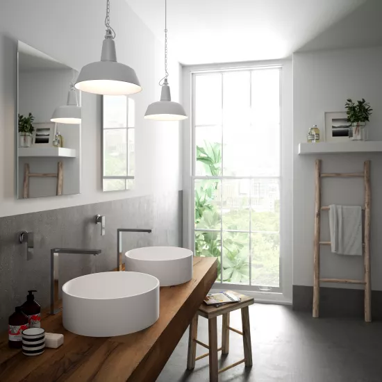 Modern bathroom with natural light and wooden accents.